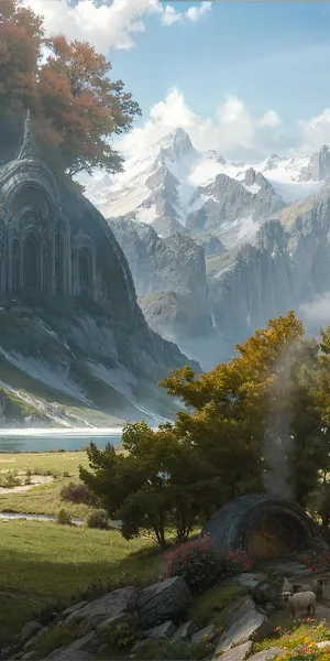 Fantasy Landscape, Mountains, Tolkien-Inspired, Hobbiton 2K Wallpaper Background
