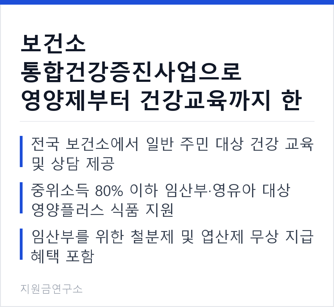 보건소 통합건강증진사업으로 영양제부터 건강교육까지 한 번에! 전국 보건소에서 일반 주민 대상 건강 교육 및 상담 제공 중위소득 80% 이하 임산부·영유아 대상 영양플러스 식품 지원