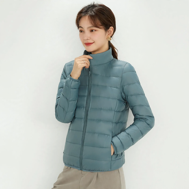 Lightweight women's down jacket with stand-up collar, white duck down