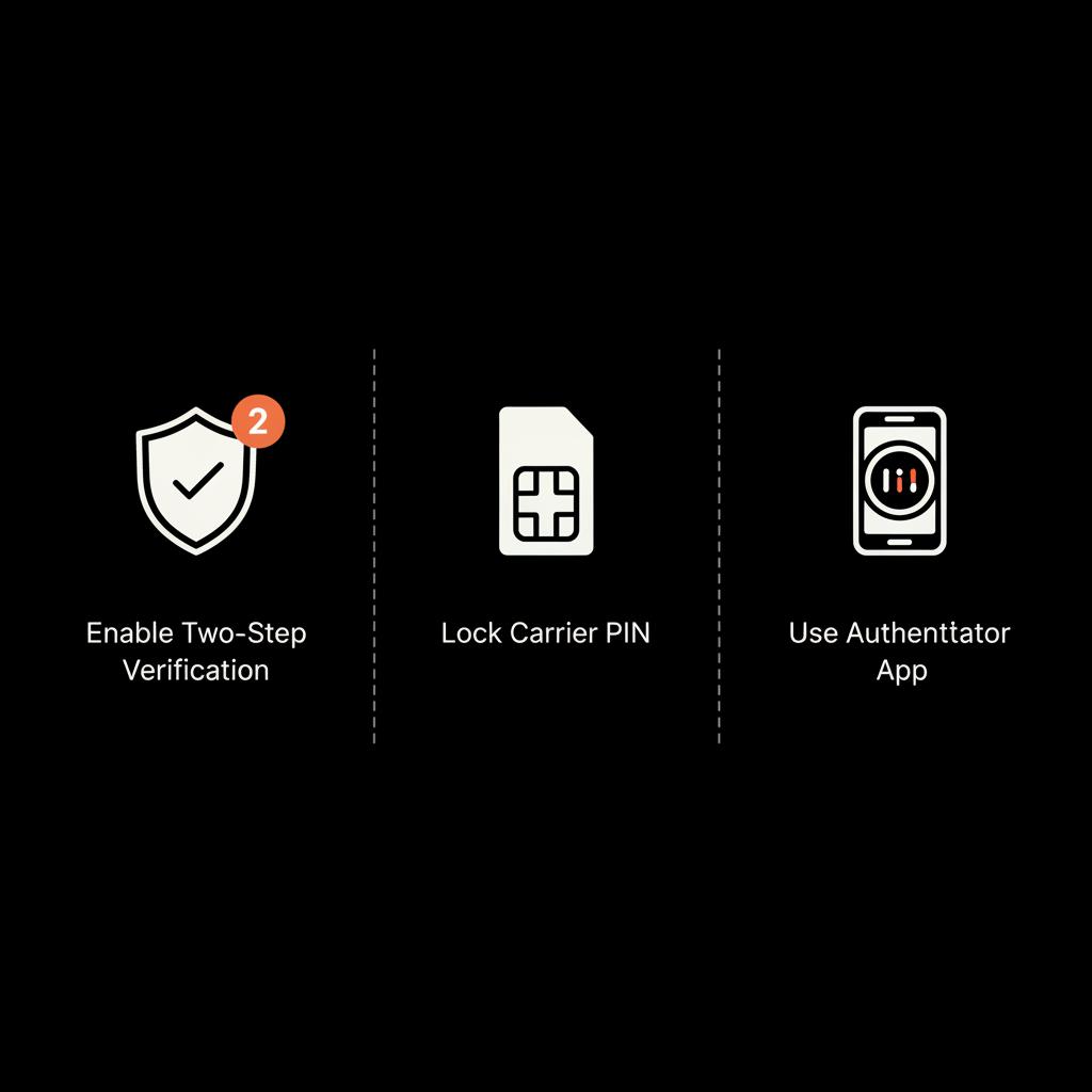 Three-step infographic showing Enable two-step, Lock carrier, Use authenticator to prevent unauthorized WhatsApp registration — Can someone register WhatsApp with my phone number