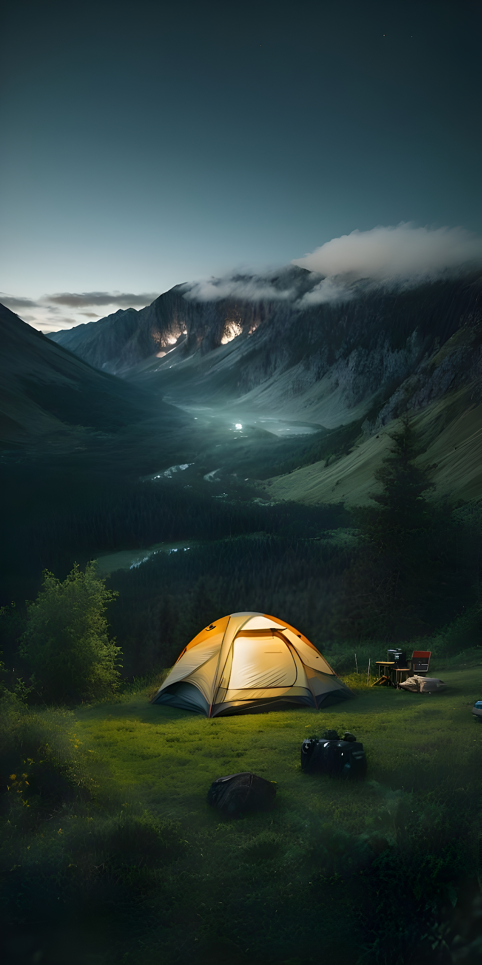 Illuminated Tent in Dark Mountain Valley at Twilight - Free 4K mobile Wallpaper