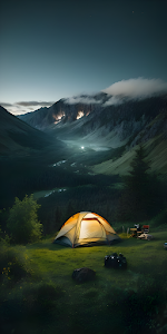 Illuminated Tent in Dark Mountain Valley at Twilight
