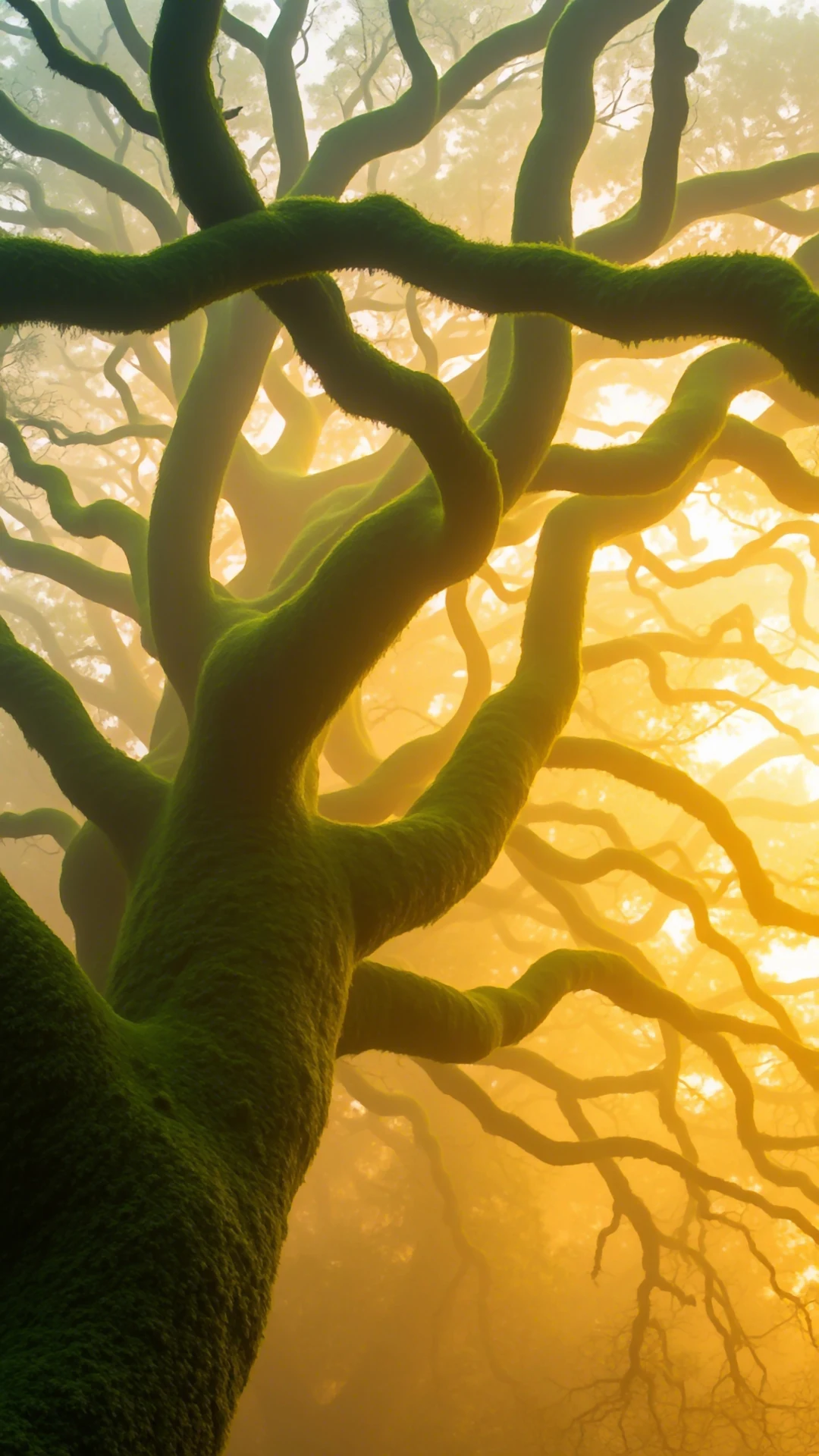 Ethereal Mossy Tree Branches Golden Fog Sunlight - Free 4K mobile Wallpaper