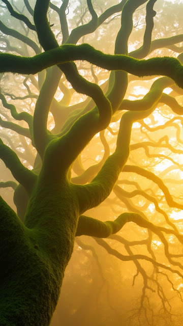 Ethereal Mossy Tree Branches Golden Fog Sunlight - Free mobile Wallpaper