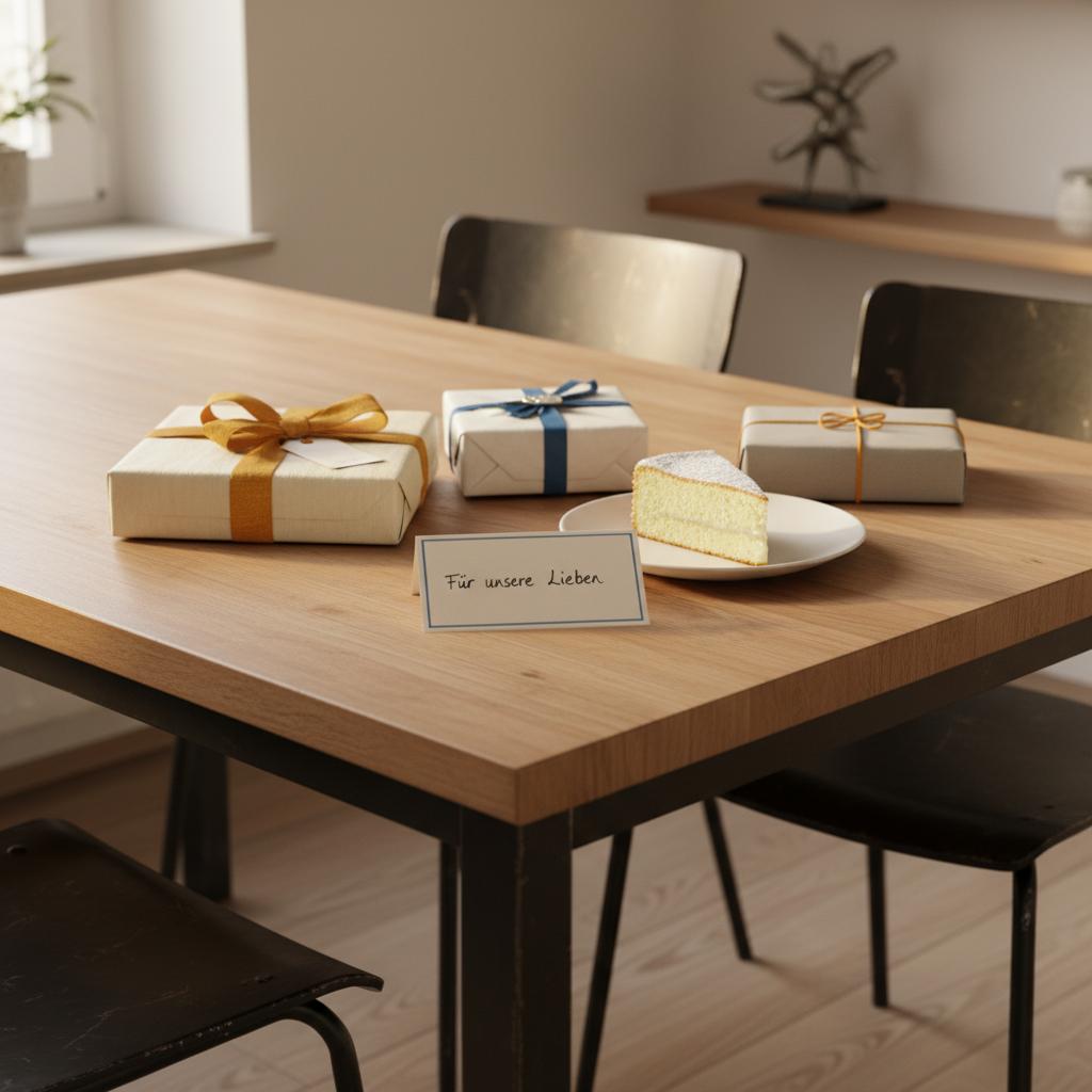 Minimalistischer Esstisch mit sorgfältig verpackten Geschenken, Stück Kuchen und handgeschriebener Karte in Steelmonks-Farben – Überraschungstag Ideen