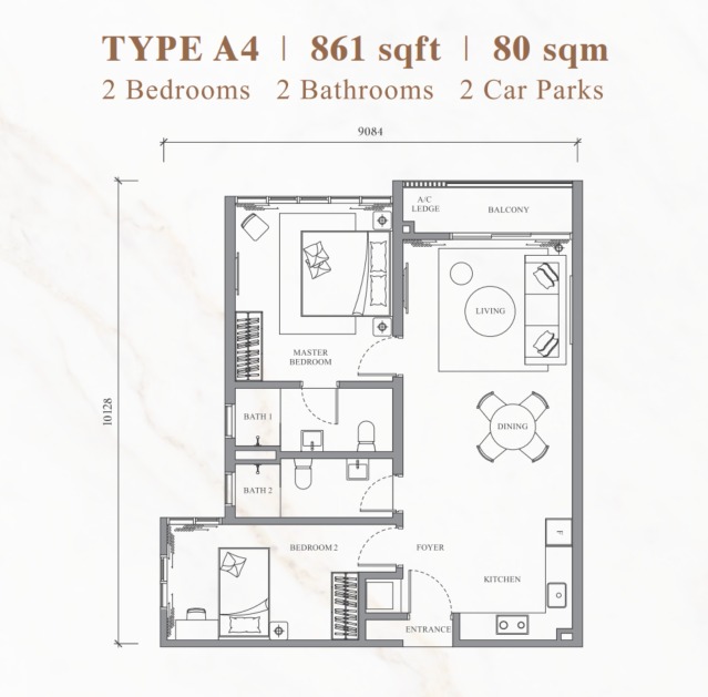 River Park Type A4 floor plan — 1088 sq ft, 3 bedrooms