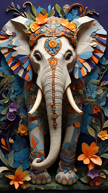 Intricate Mosaic Elephant Sculpture Floral Art - Free mobile Wallpaper