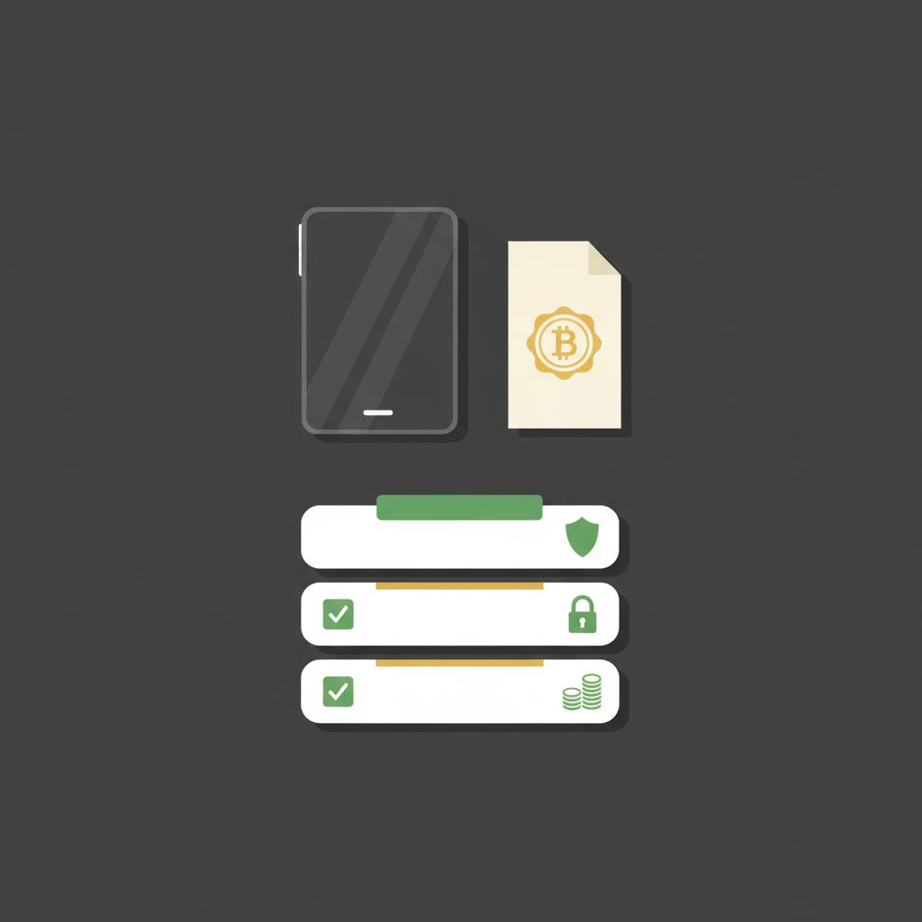 Minimal 2D vector of a hardware wallet folded paper backup and icon checklist showing how to start investing in crypto using Finance Police brand colors