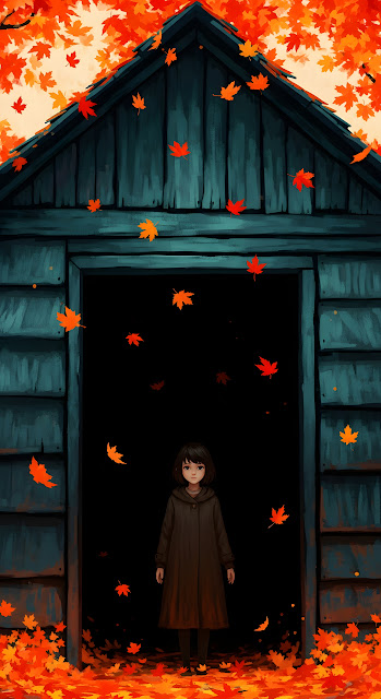 Moody Painterly Illustration of a Girl in a Doorway with Falling Orange Autumn Leaves - Free mobile Wallpaper