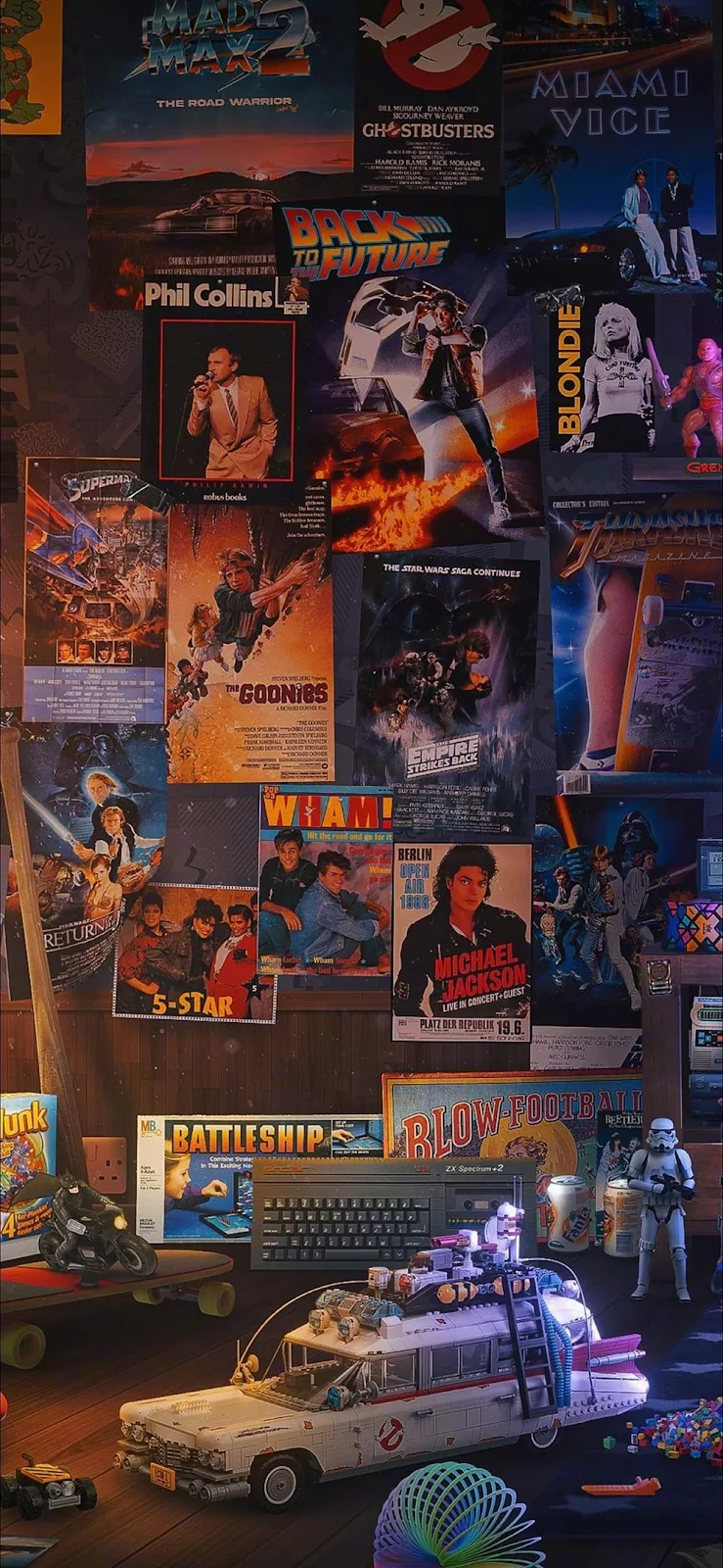 Eighties Pop Culture Memorabilia Collection - Nostalgic Still Life iPhone Wallpaper (998x2160)