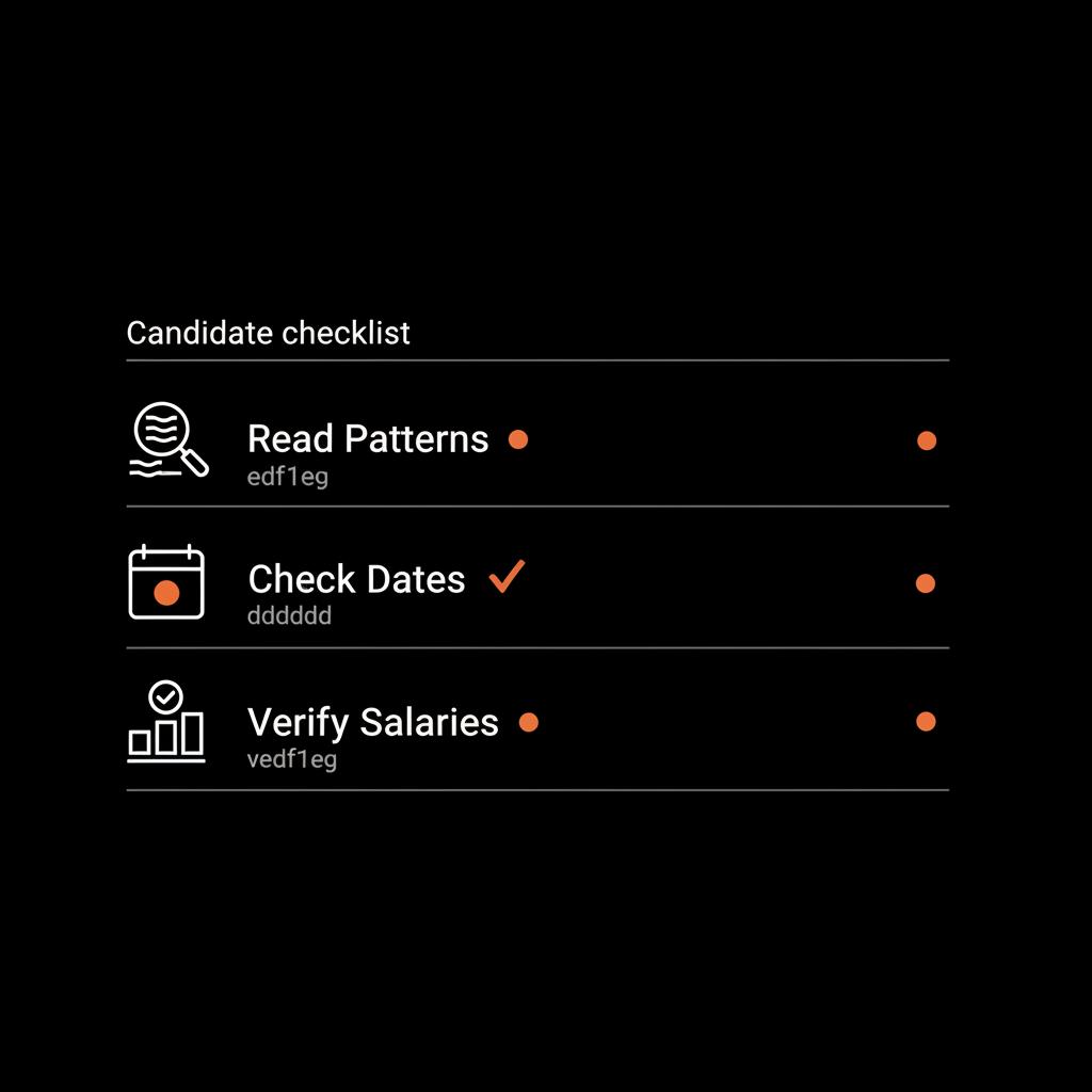 Minimal vector infographic checklist for candidates with icons for Read Patterns, Check Dates, Verify Salaries in Social Success Hub palette, glassdoor relevance 2025