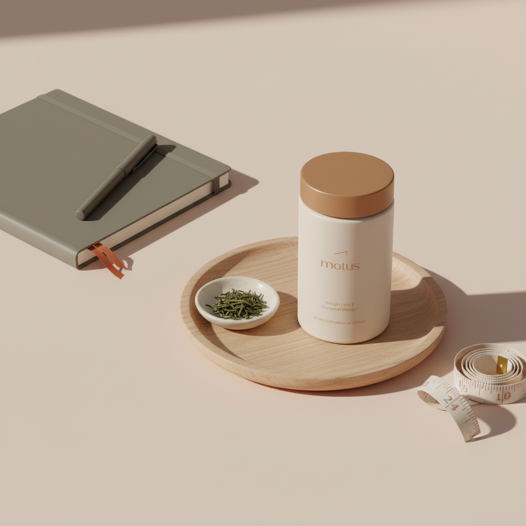 Minimal still-life of Tonum Motus jar on a wooden tray with measuring tape, green tea leaves and notebook, illustrating fat burning supplements for weight loss.