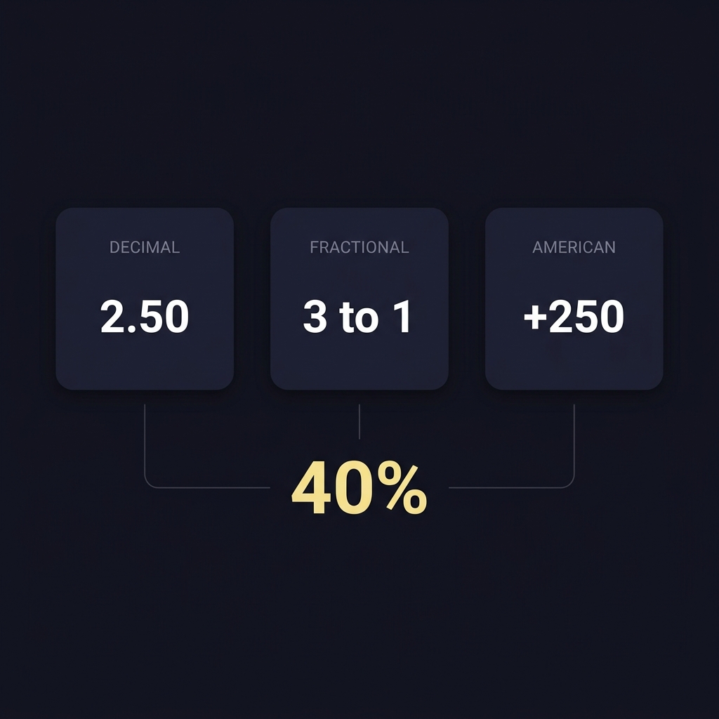 Minimalist infographic showing decimal fractional and american odds converting into one probability number for aceodds odds converter on dark brand background