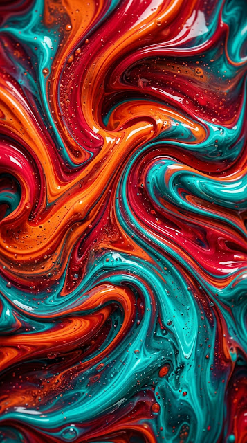 Abstract Swirling Liquid Paint in Red, Orange, and Teal - Free mobile Wallpaper