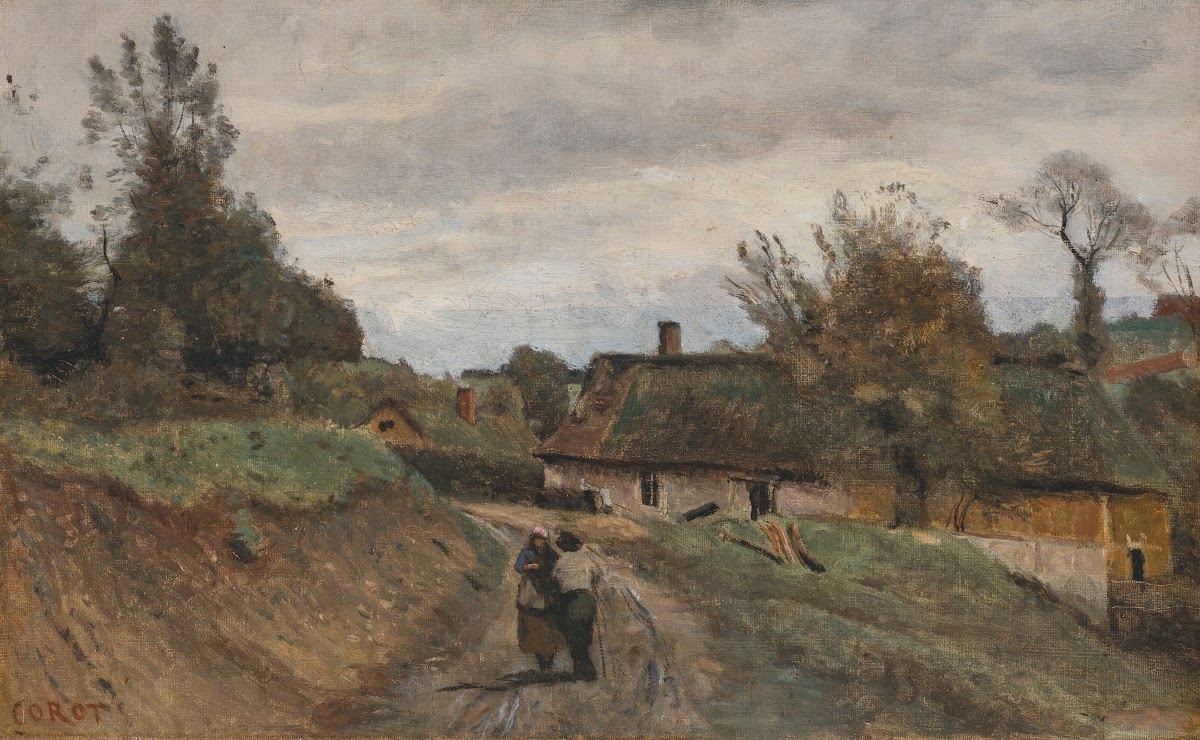 Gouvieux paysan et paysanne chemin et village de Chaumières circa 1850 1860