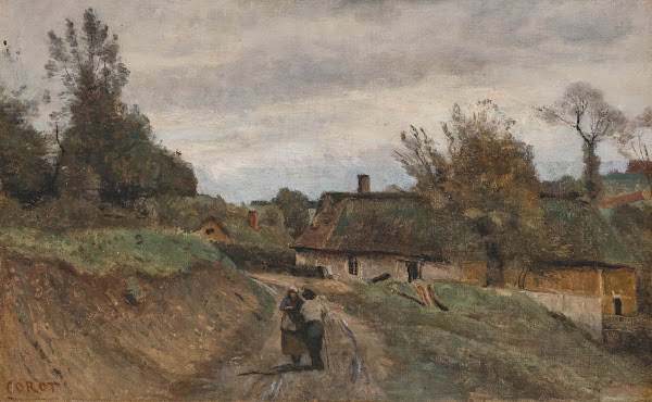 Gouvieux paysan et paysanne chemin et village de Chaumières circa 1850 1860