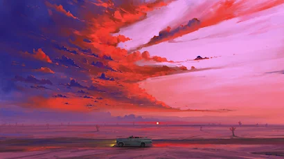 Sunrise, Desert, Car, Road, Cactus Full HD Wallpaper Background