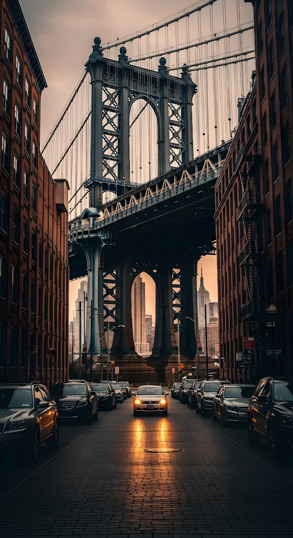 DUMBO Manhattan Bridge View at Sunset with Glowing Car Lights