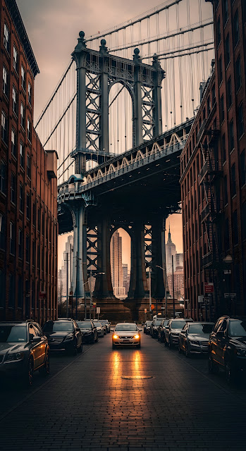 DUMBO Manhattan Bridge View at Sunset with Glowing Car Lights - Free mobile Wallpaper
