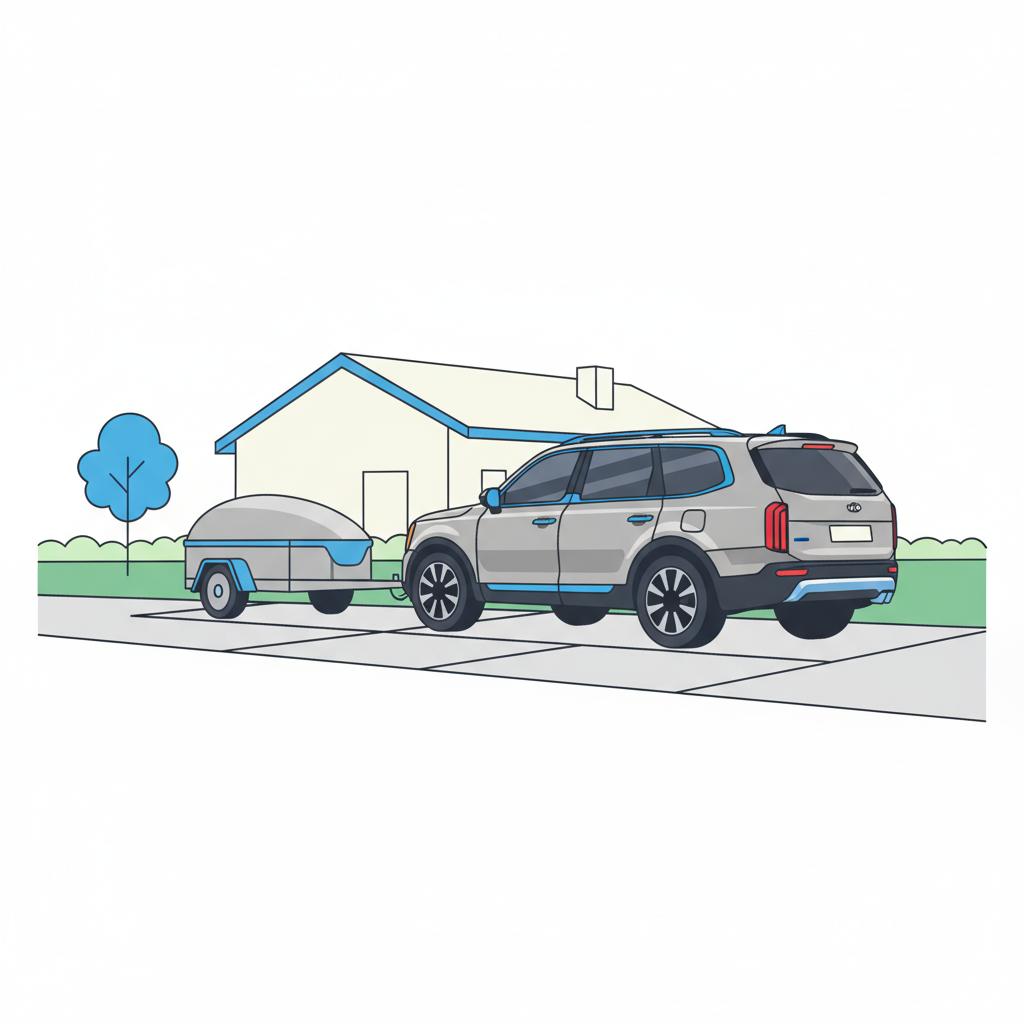 Rear three quarter 2D vector of a kia telluride for sale parked in a suburban driveway showing roof rails towing hitch and small trailer daylight minimalist style