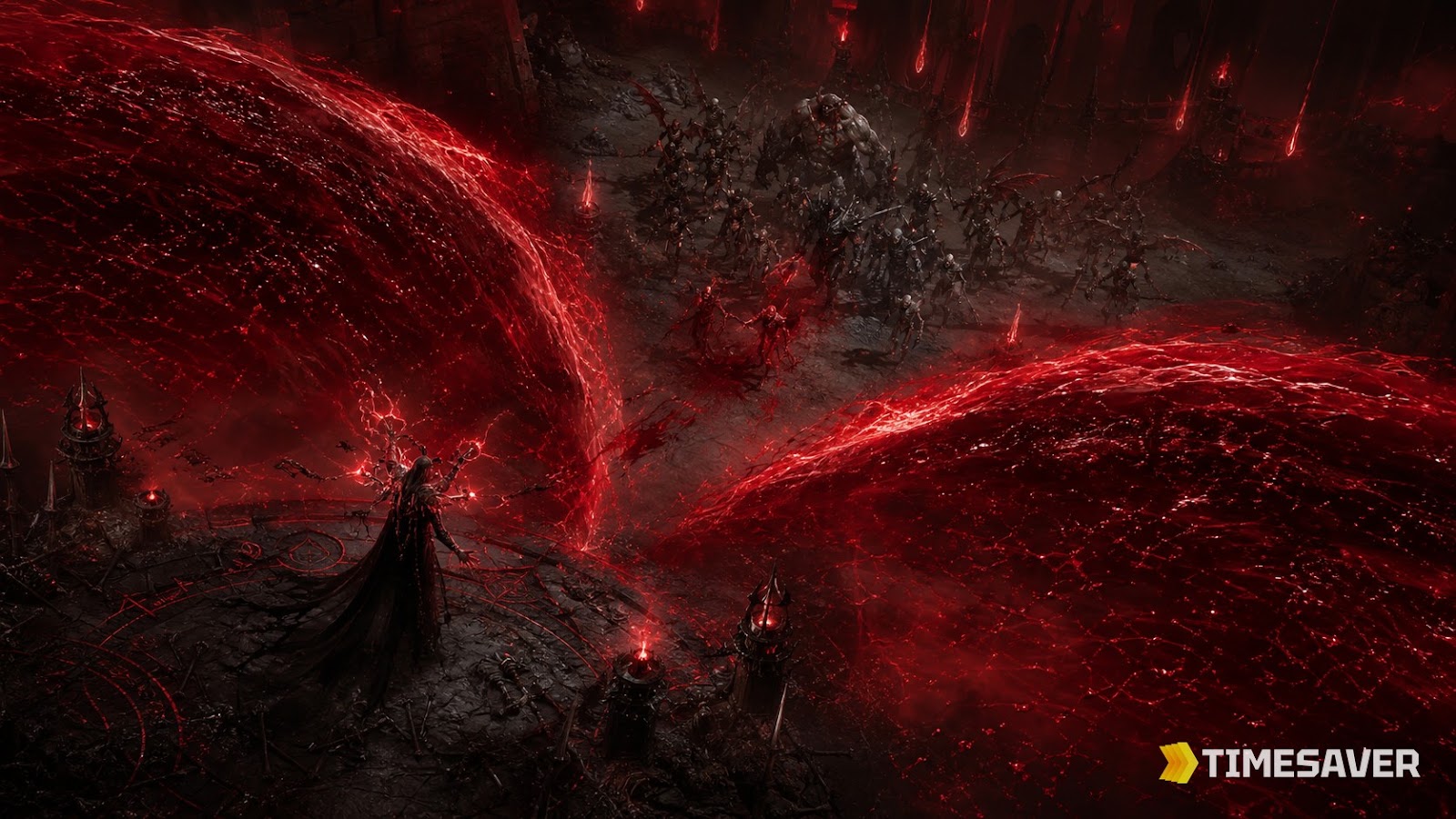 Diablo 4 Blood Wave Necromancer splitting into two crimson waves from Kessime's Legacy in Season 14