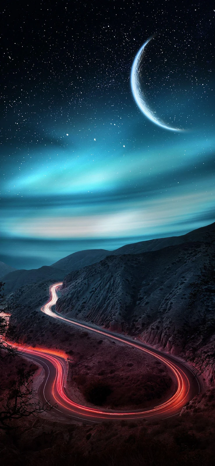 Winding Road Under Cosmic Crescent - Surreal Nightscape Full HD iPhone Wallpaper (1407x3045)