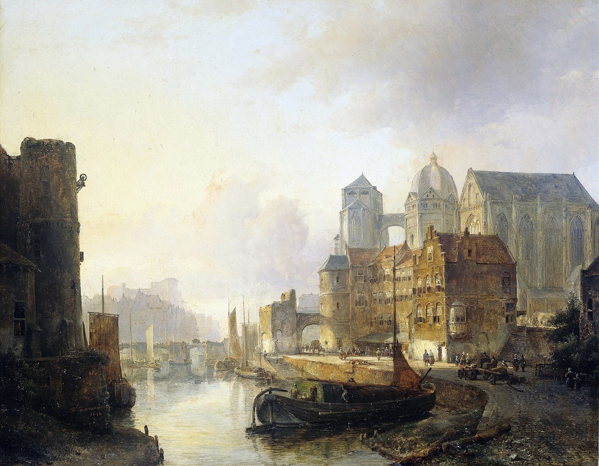 Imaginary View of a Riverside Town with Aachen Cathedral 1846