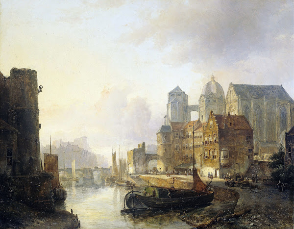 Imaginary View of a Riverside Town with Aachen Cathedral 1846