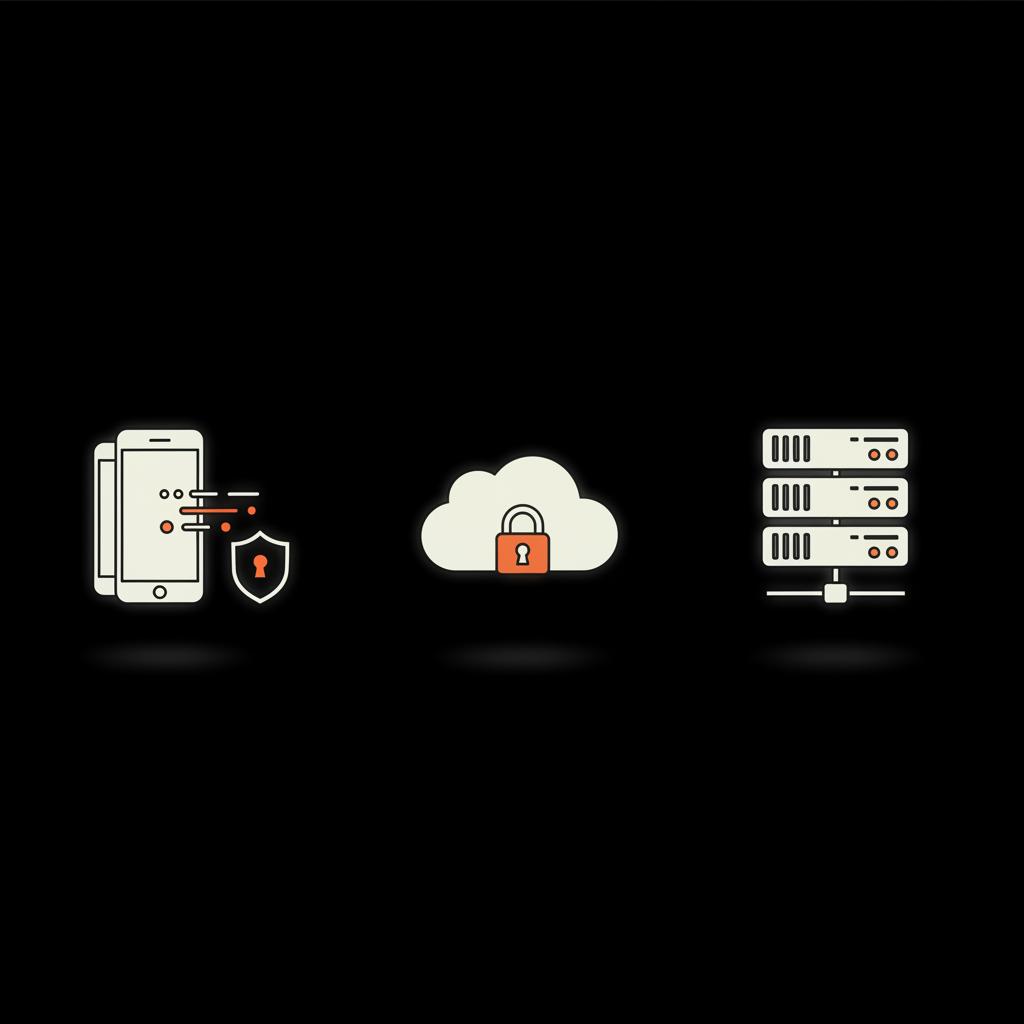 Minimal vector infographic on black background showing phone-to-phone encrypted chat icon, cloud with backup lock, and server rack — illustrating WhatsApp Business privacy.
