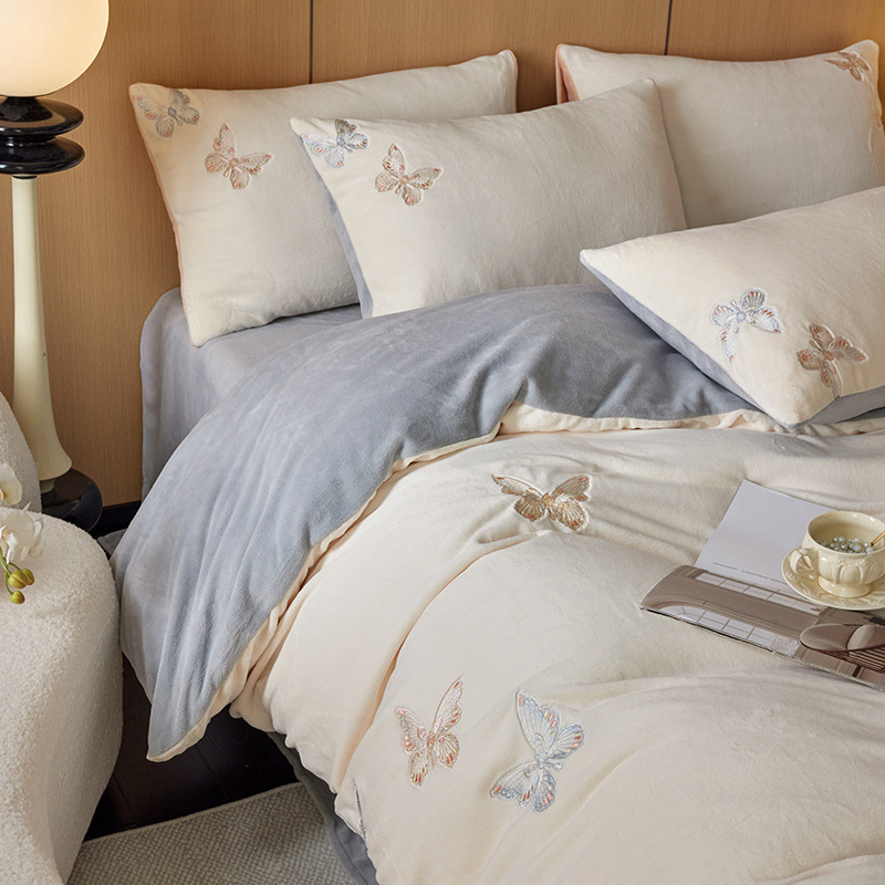 Milk Fiber Fleece Bedding Set, Floral Pattern, Warm