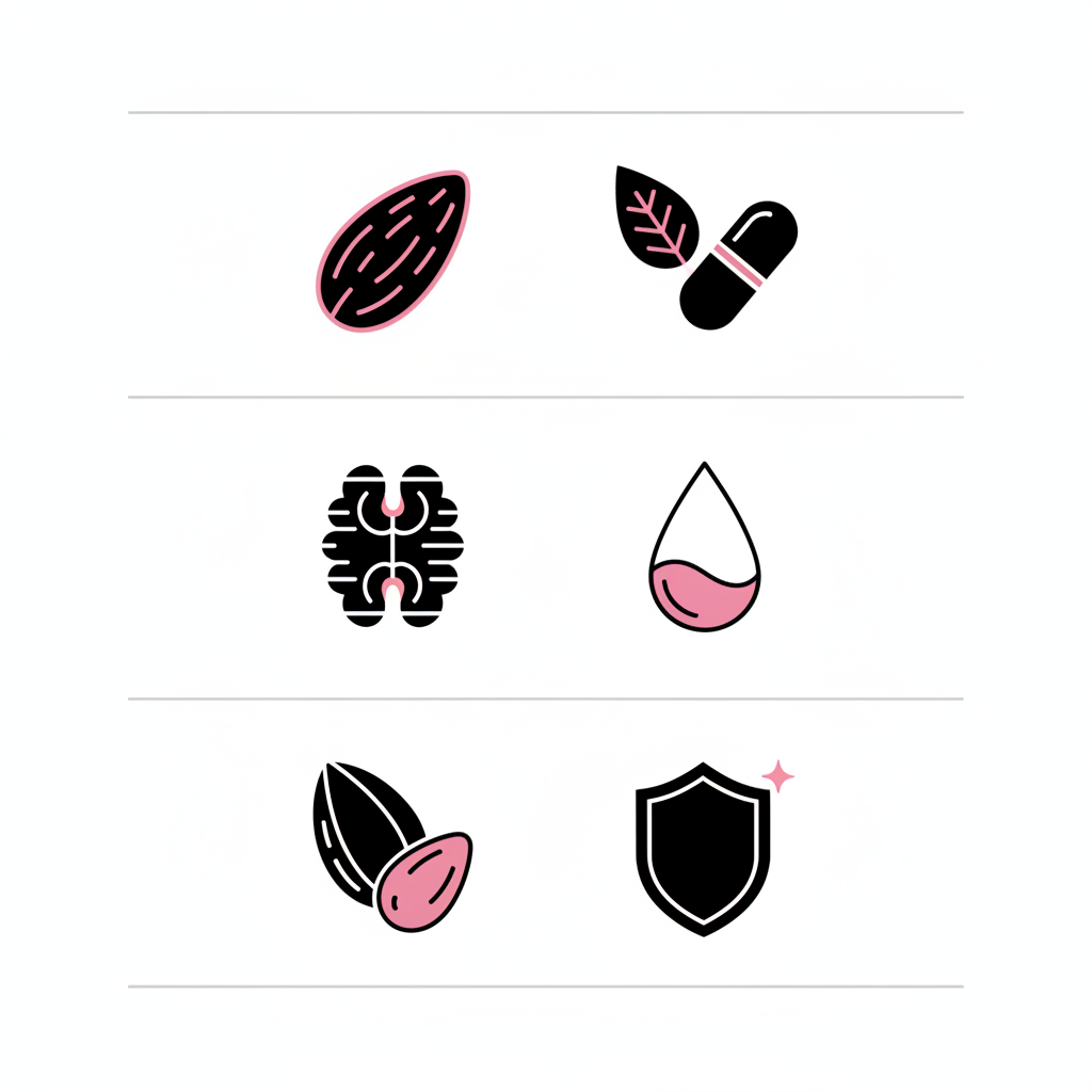 Minimalistische 2D-Vektorinfografik mit Mandeln, Walnüssen und Paranüssen plus Icons für Biotin/Vitamin E, Omega‑3 und Selen – Nüsse für Nägel