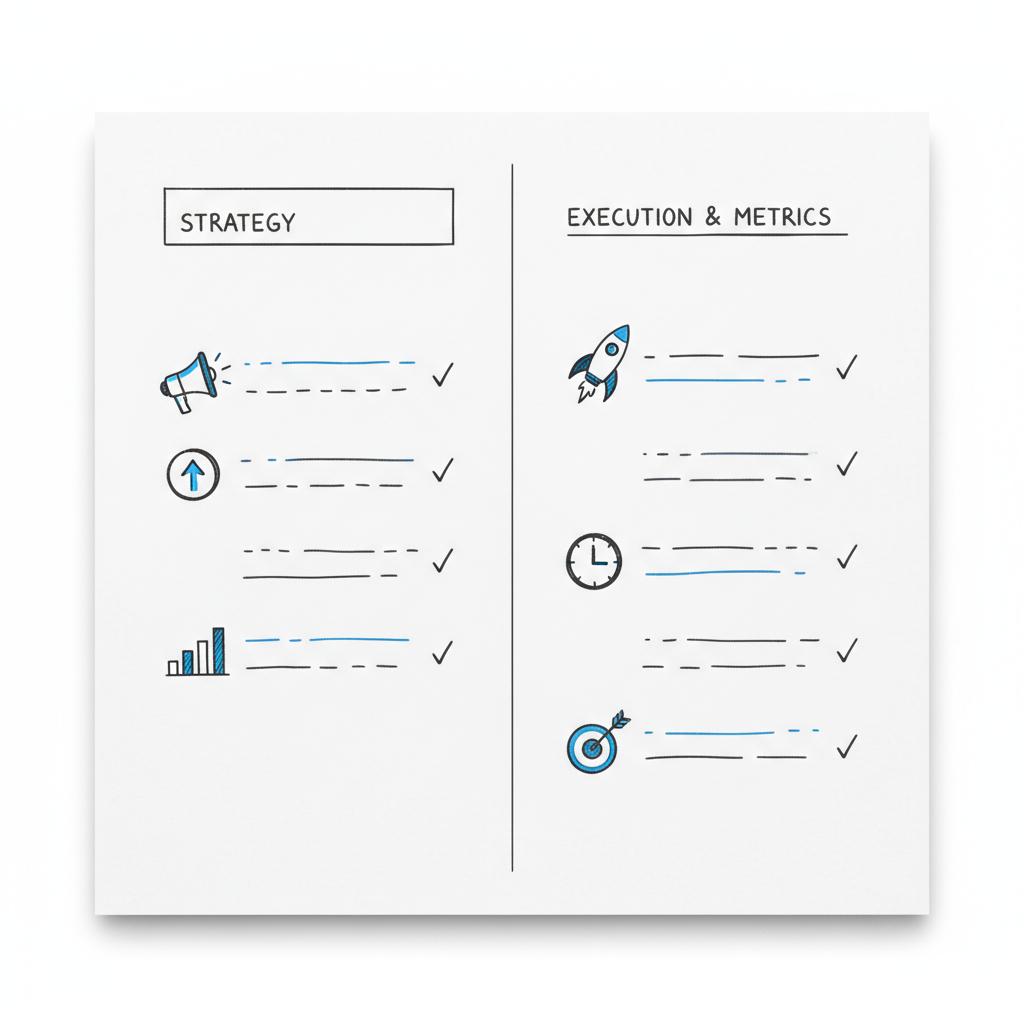 Close-up notebook sketch of two columns representing profile and responses with hand-drawn camera, clock, and star icons in charcoal and brand blue &mdash; advertise on Thumbtack