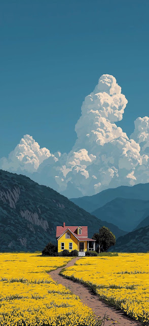 Anime Style Yellow House Mountain Landscape Illustration - Free mobile Wallpaper