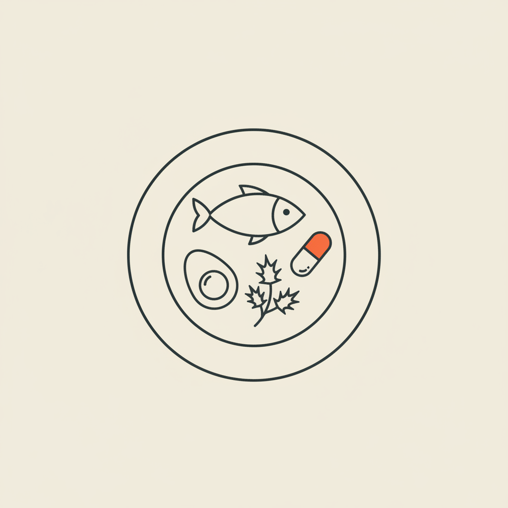 Minimalist line illustration of a plate with fish, egg, milk thistle sprig and capsule on beige background, representing vitamins for weight management