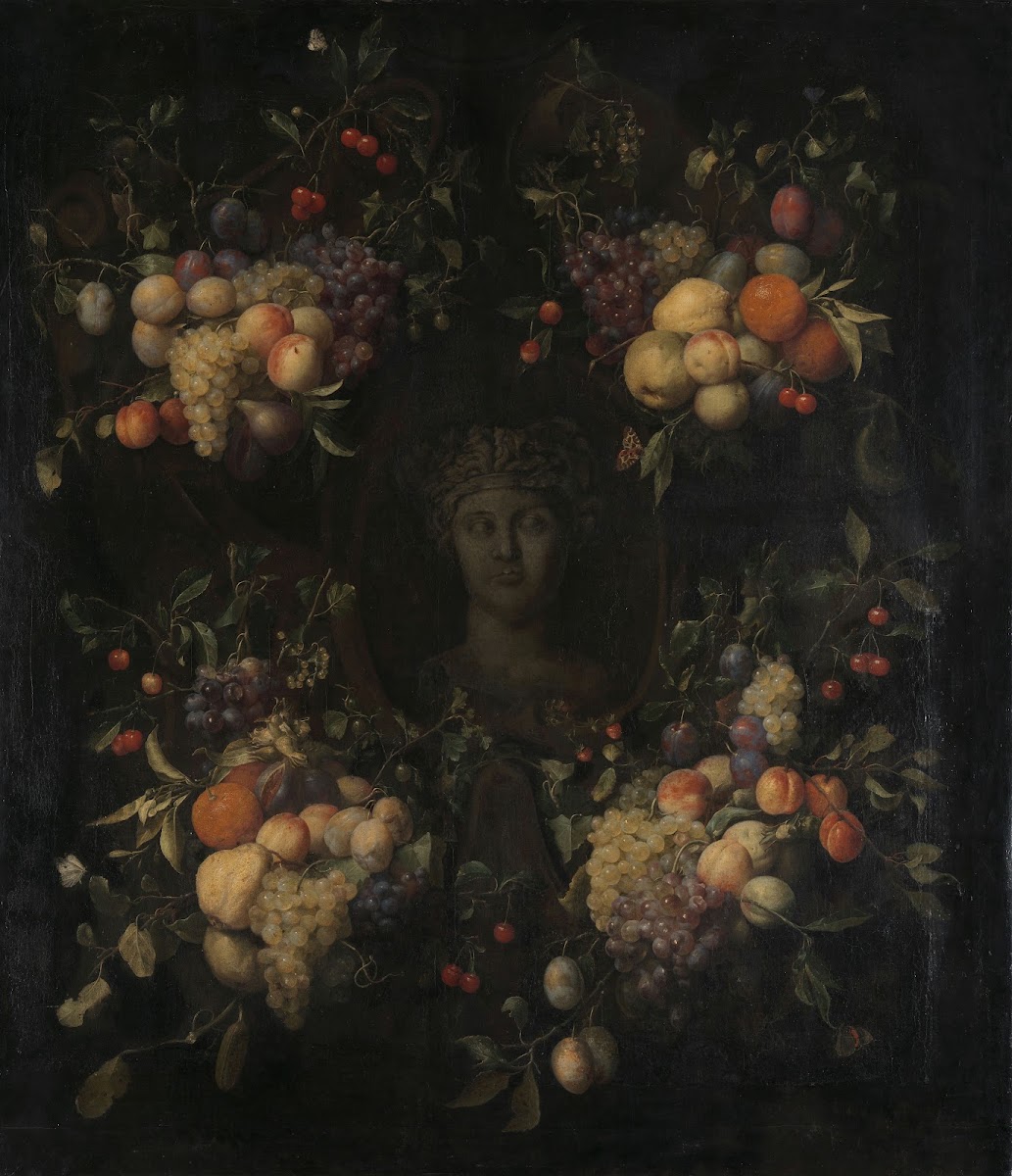Simulated Sculpted Head of a Woman in a Cartouche Decorated with Swags of Fruit