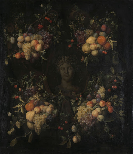 Simulated Sculpted Head of a Woman in a Cartouche Decorated with Swags of Fruit