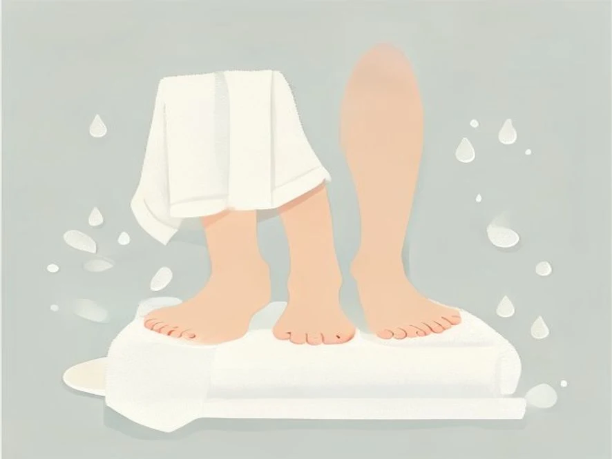비누와 수건 옆에서 건조되고 있는 깨끗한 발 모양을 표현한 위생 관리 일러스트