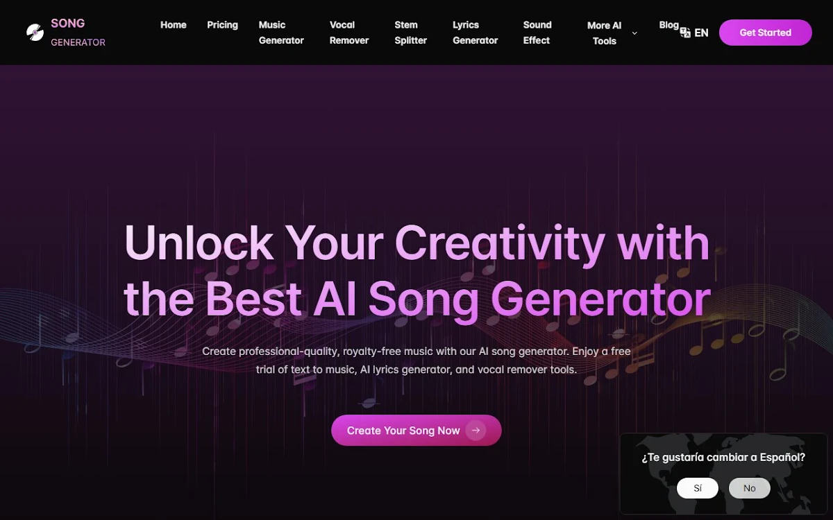 Captura de SongGenerator.io: AI Music Generator Free Online