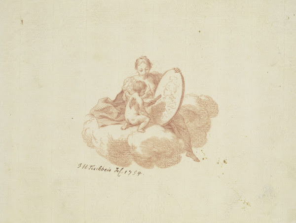 Titelblatt Frauengestalt auf einer Wolke mit einem malenden Amor 1754