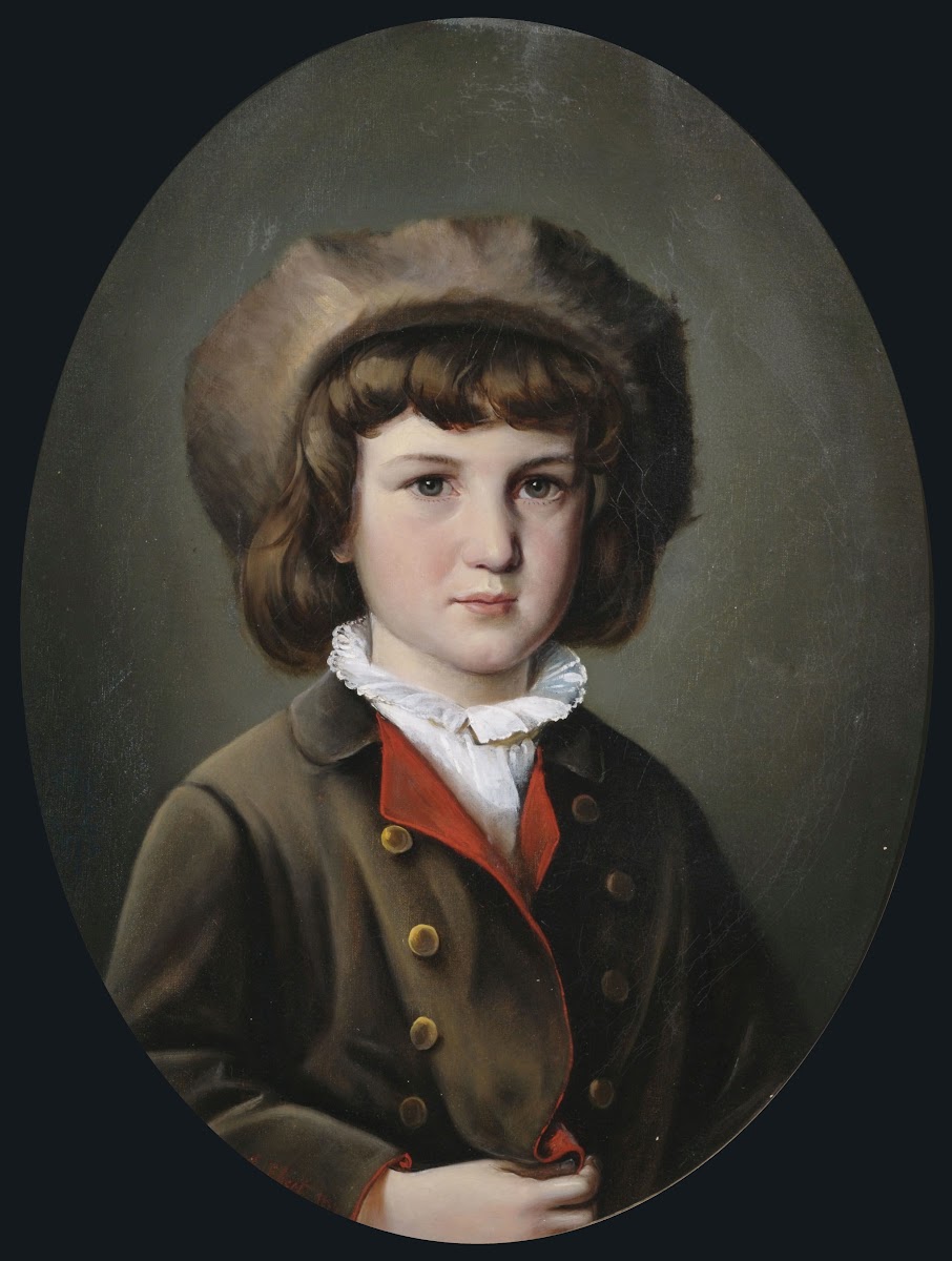 Bildnis eines Jungen in grüner Jacke mit Pelzmütze 1874