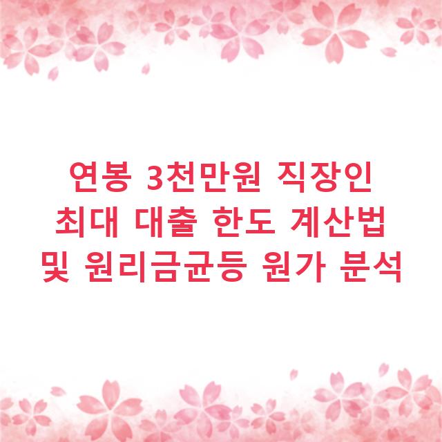 연봉 3천만원 직장인 최대 대출 한도 계산법 및 원리금균등 원가 분석