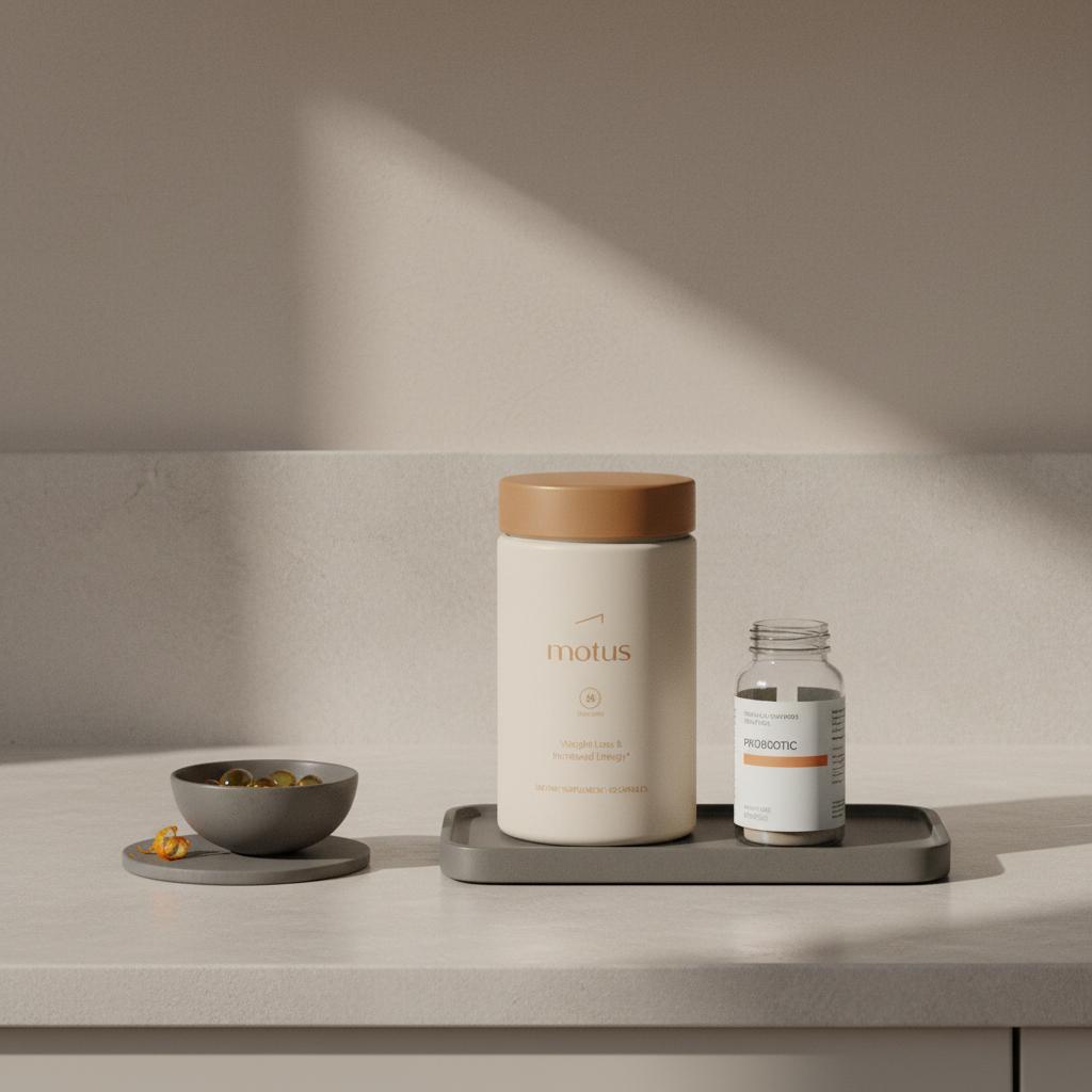 Tonum Motus container on a neutral kitchen counter beside omega-3 capsules and a probiotic bottle, illustrating supplements to take with berberine in a minimalist morning scene.
