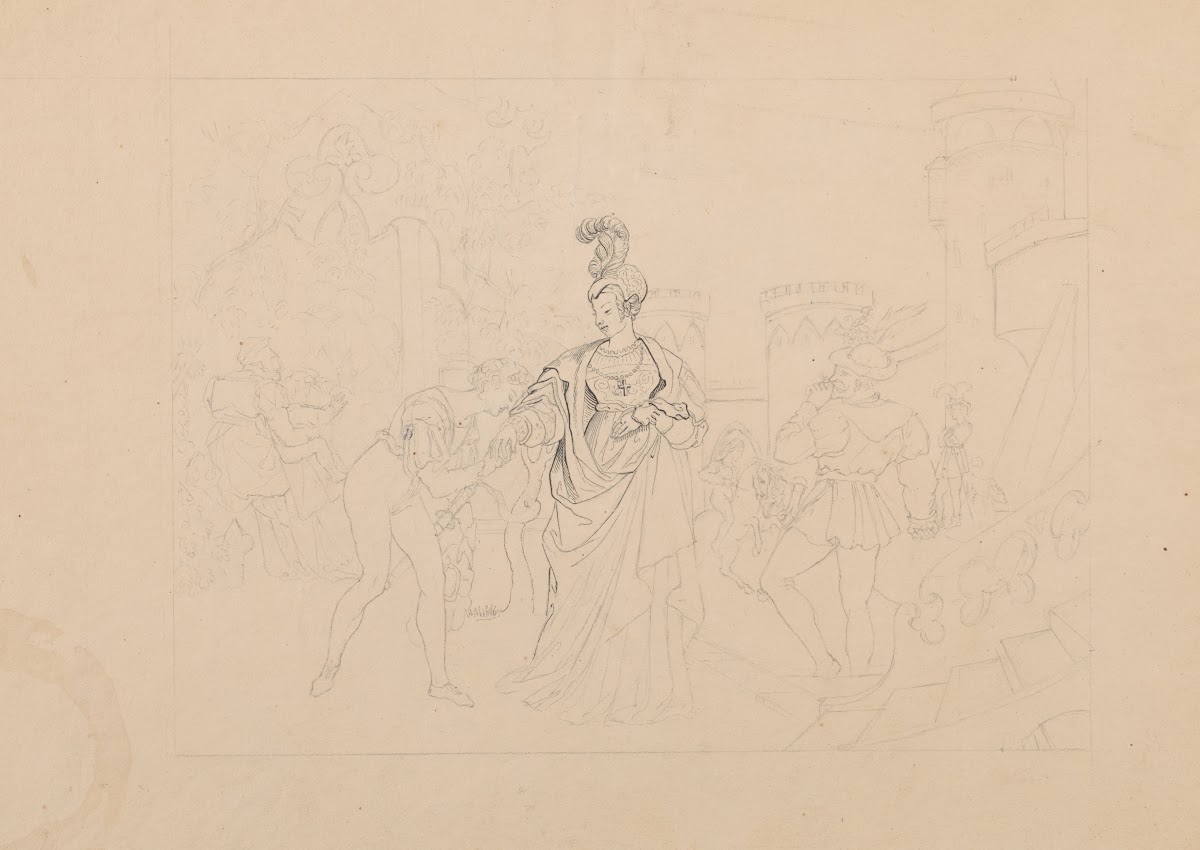 Historical illustration showing a courtier kissing the hand of a lady in a castl