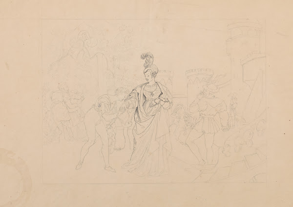 Historical illustration showing a courtier kissing the hand of a lady in a castl