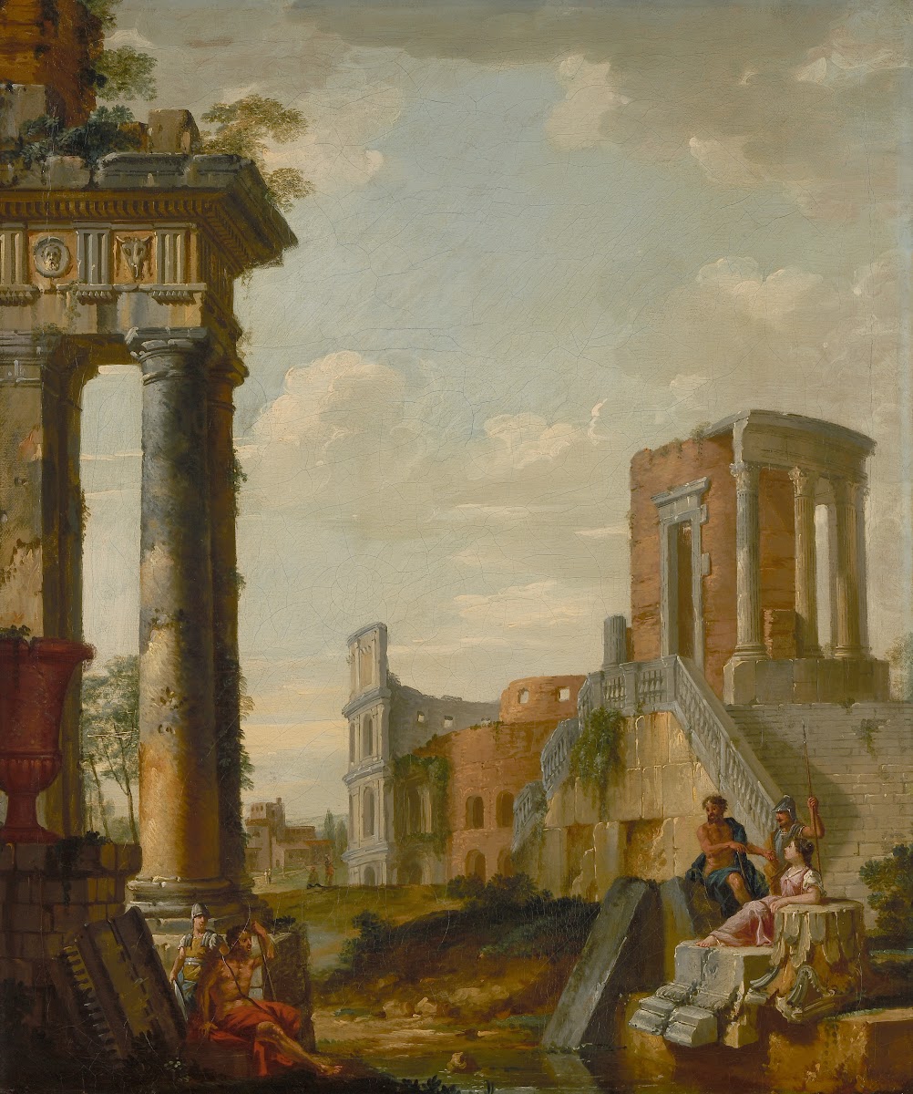 Roman ruins with characters