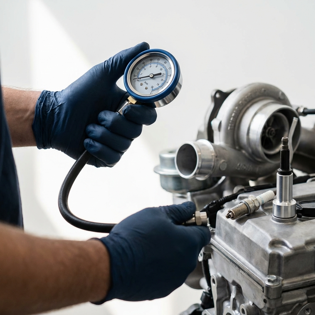Close up mechanic performing compression test on turbocharged engine showing gauge and hands for an informative listing subaru wrx for sale