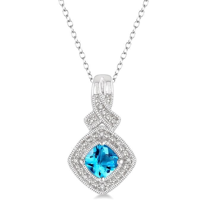 Silver Cushion Shape Gemstone & Diamond Pendant