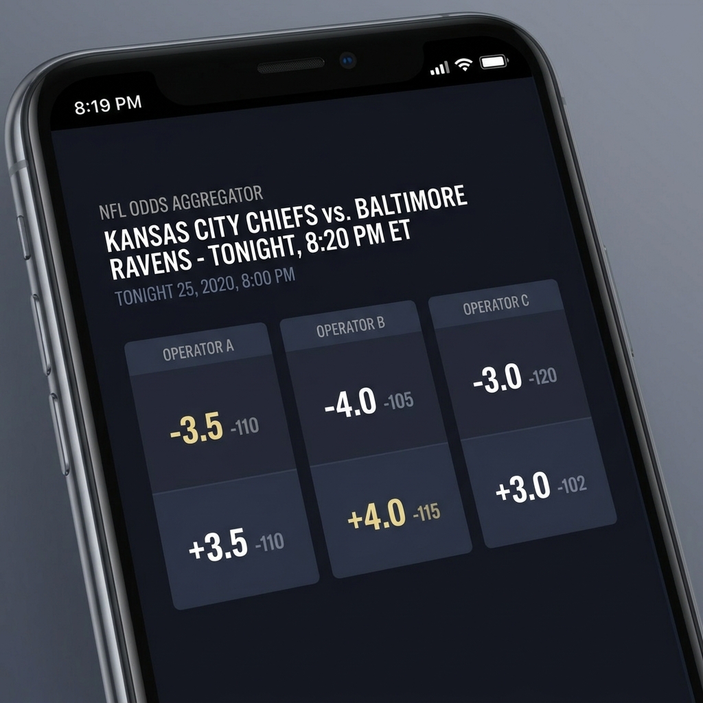 Close up mobile odds aggregator showing point spread on the nfl game tonight across multiple regulated operators in a minimalist dark Funded Plays style