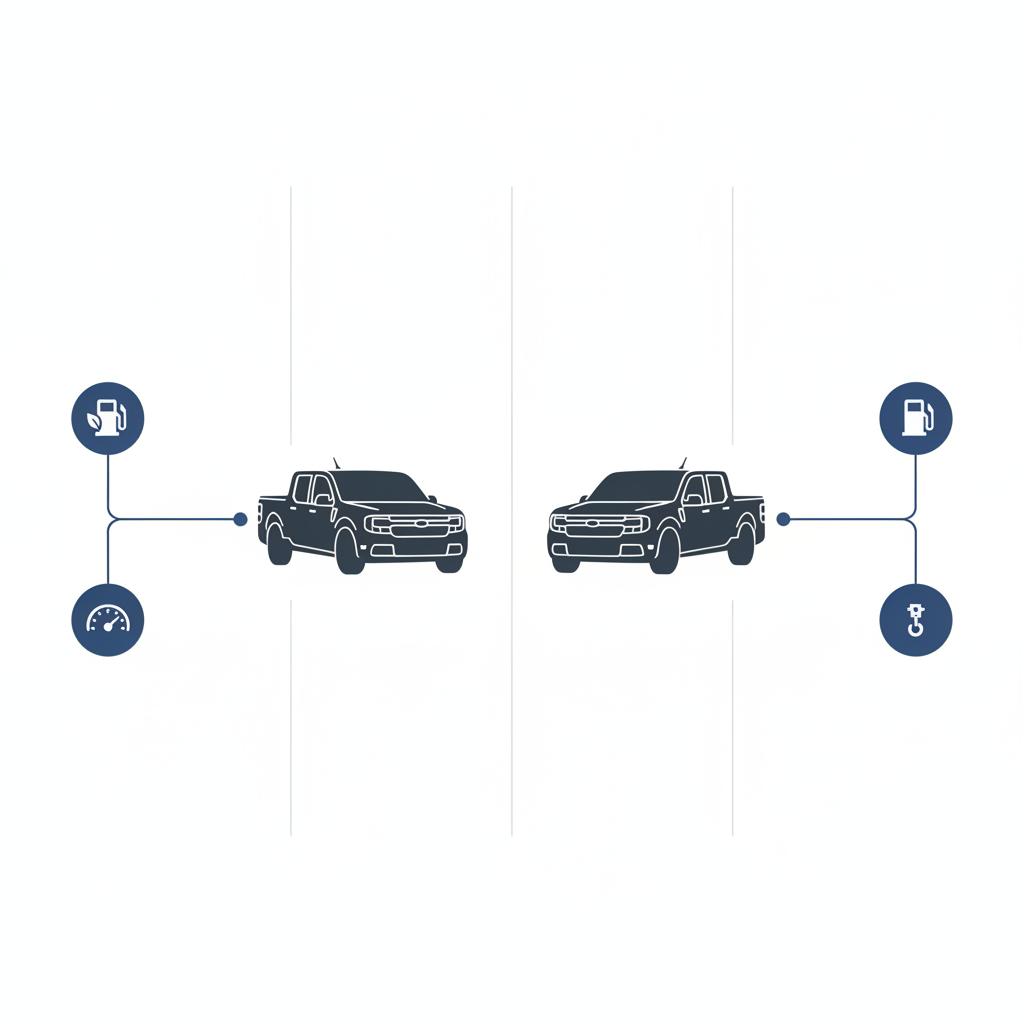 Minimalist 2D vector side by side silhouettes of hybrid and non hybrid Ford Maverick with MPG and towing icons on white background ford mavericks for sale