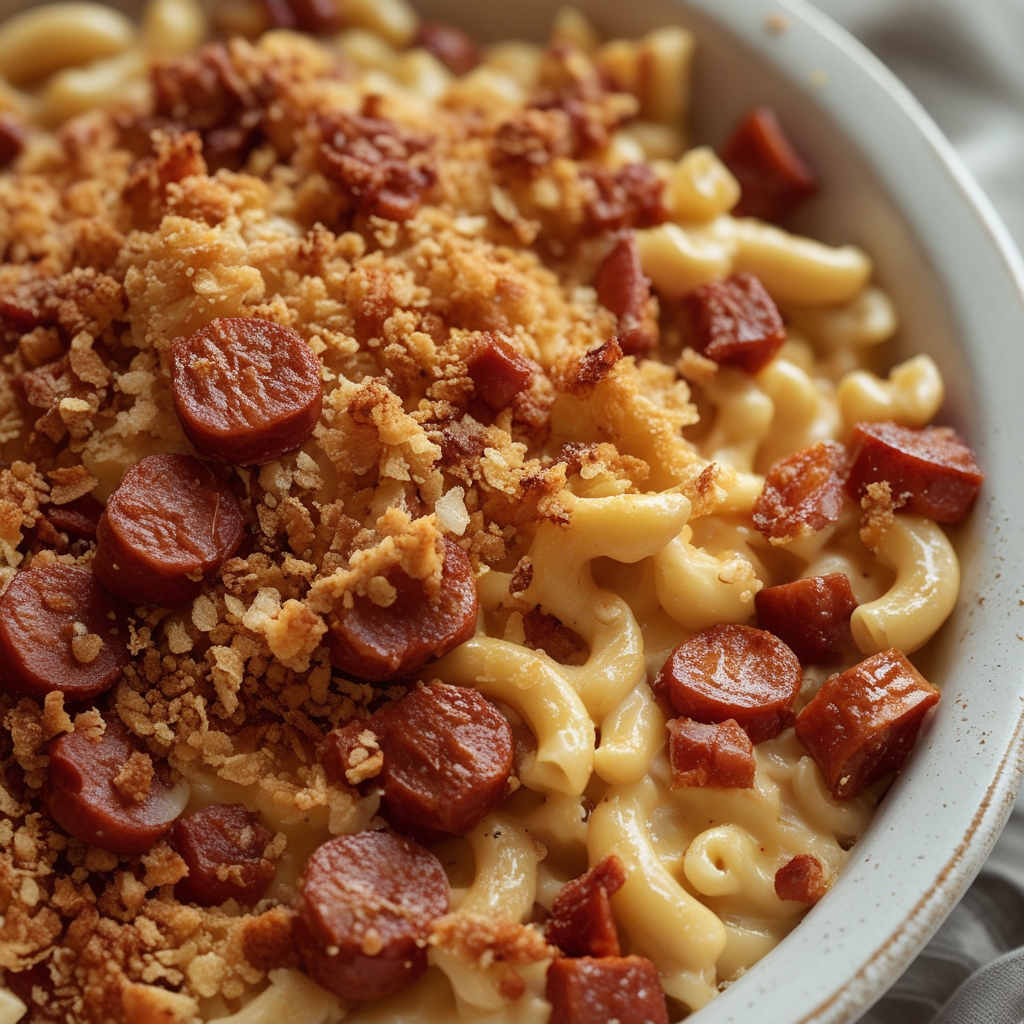 Final Spicy Chorizo & Roasted Garlic Mac and Cheese Bake with Crispy Breadcrumb Topping